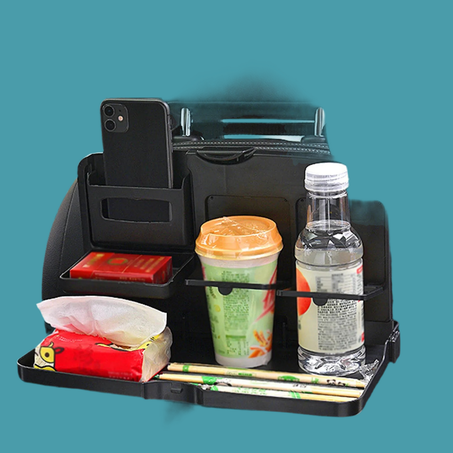 Car Backseat Food Travel Dining Meal & Snack Tray & Cup Holder for All Cars (Black) - 1 Piece